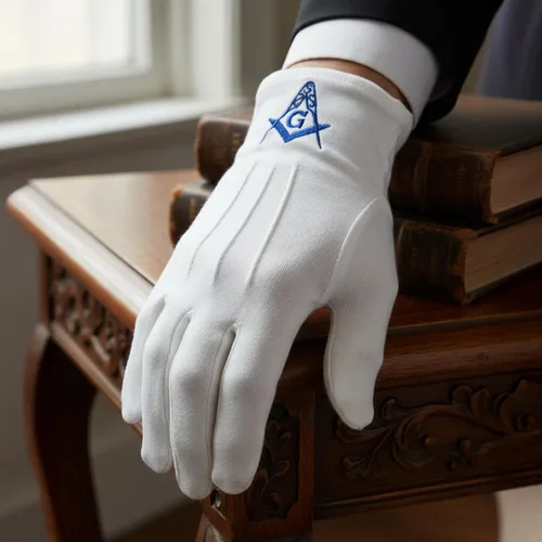 Miniatura 2 de Blue Square & Compass Masonic Embroidered Cotton Gloves - [White]