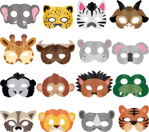 Blulu 16 piezas de máscaras de animales del safari para niños Máscaras de animales del zoológico de la jungla Máscaras de dibujos animados para