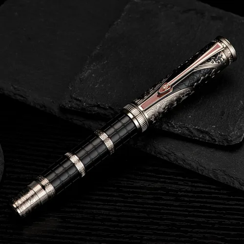 Miniatura 7 de Hongdian D5X - Pluma estilográfica de color negro, punta mediana, dinastía Qin, retro, tótem chino, grabado, pluma de escritura suave