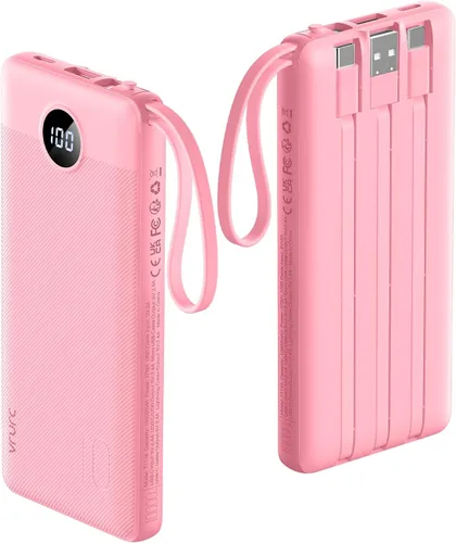 VRURC Cargador de teléfono portátil, cargador portátil de viaje con 4 cables, 5 salidas 2 entradas banco de energía USB C delgado, cables integrados