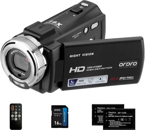 Videocámaras ORDRO HDV-V12 - Videocámara HD 1080P, grabadora de vídeo, cámara de visión nocturna por infrarrojos con tarjeta de memoria de 16G y 2