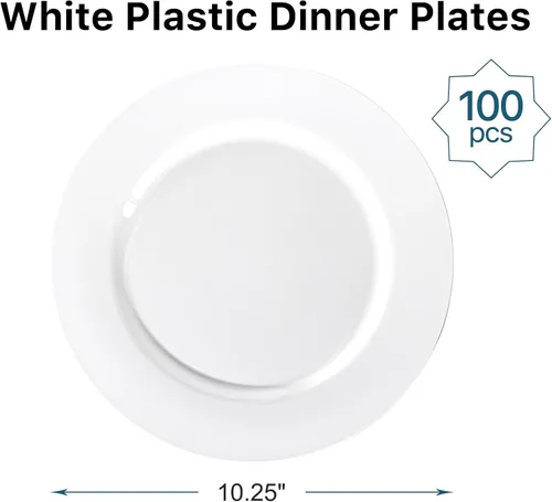 Miniatura 2 de N9R 100 platos de plástico blanco, platos desechables de plástico resistente de 10.25 pulgadas, platos llanos elegantes de primera calidad