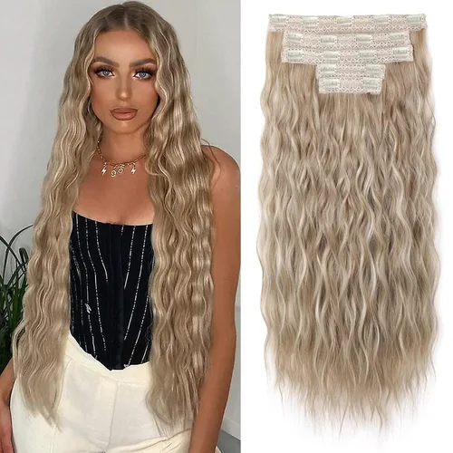 Miniatura 9 de REECHO Extensiones de cabello con clip, 5 piezas, de 24 pulgadas, de color rubio ceniza, extensiones de cabello con ondas largas y sueltas, HE002