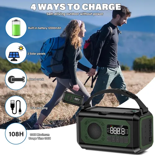 Miniatura 5 de Radio meteorológica de emergencia de 12000 mAh, radio solar con manivela, radio portátil AM/FM/NOAA con 2 paneles solares, 3 métodos de carga
