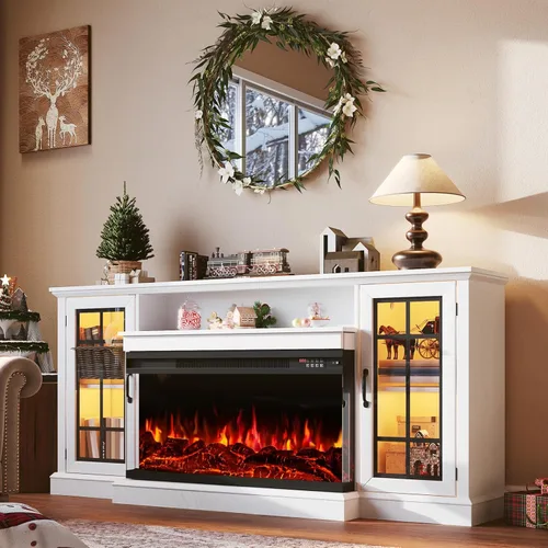 Miniatura 16 de Soporte de TV con chimenea de 59 pulgadas, mesa de consola central de entretenimiento de vidrio de 3 caras para televisores de hasta 65 pulgadas
