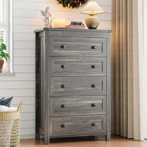 Miniatura 11 de Cómoda para dormitorio con 6 cajones, cómoda de madera de granja, soporte de TV ancho con mango de metal, organizador de ropa moderno para pasillo