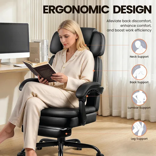 Miniatura 4 de TAVATA Silla de oficina ejecutiva de 400 libras con reposapiés, silla de oficina ergonómica grande y alta con soporte lumbar, respaldo alto Negro