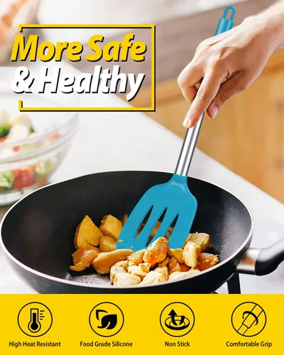 Miniatura 5 de Paquete de 2 espátulas de cocina sólidas de silicona, antiadherentes, utensilios de cocina sin BPA, resistentes al calor, utensilios de cocina Azul
