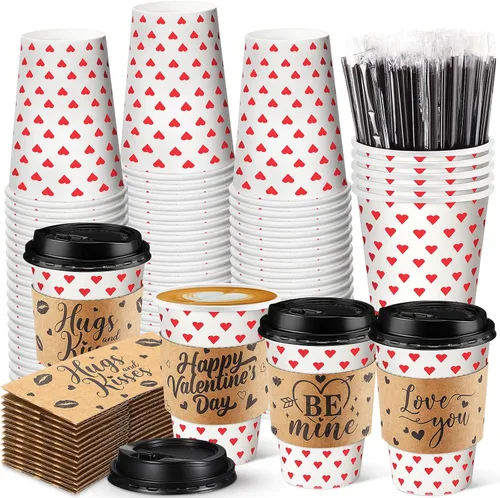 Miniatura 8 de Layhit Juego de 100 tazas de café desechables para el día de San Patricio con tapas y mangas, pajitas de 12 onzas con trébol verde para bebidas