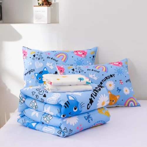 Miniatura 8 de Btargot Juego de edredón reversible de 5 piezas con diseño de gato de dibujos animados azules para niños, juego de ropa de cama con diseño de flores