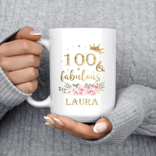Miniatura 5 de Taza de cerámica única para regalo de cumpleaños número 100 y fabuloso, 100 años, idea de regalo, nombre personalizado, 11 onzas, 15 onzas
