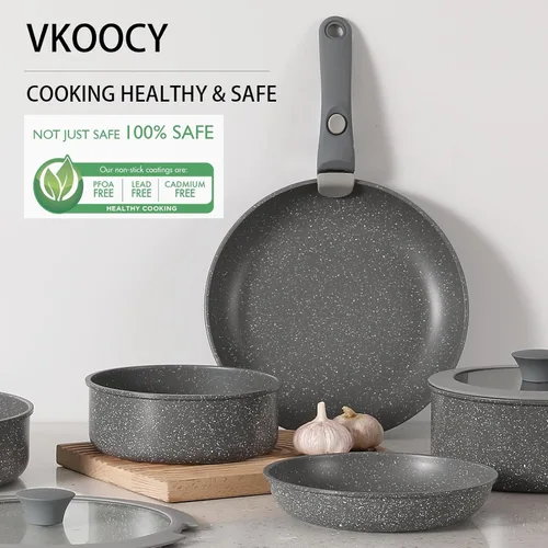 Miniatura 2 de Vkoocy Juego de ollas y sartenes antiadherentes grises con mango extraíble, juego de utensilios de cocina de cerámica con mango desmontable, 5