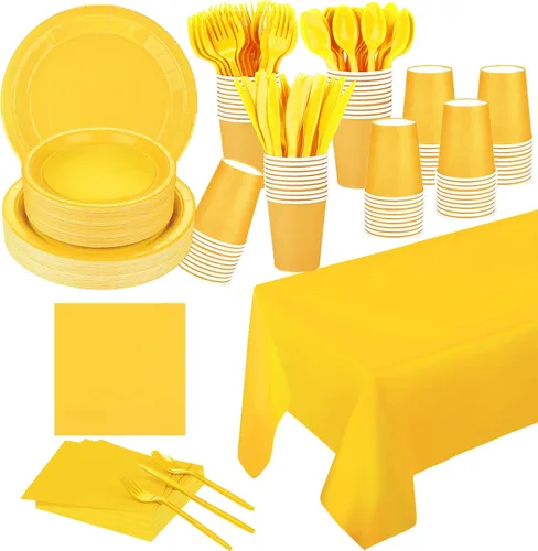 Miniatura 8 de Juego de 229 piezas de suministros de fiesta negros desechables de papel, vasos, cucharas de plástico, tenedores, cuchillos, servilletas negras