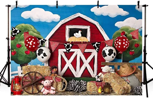 MEHOFOTO - Fondo de cabina de estudio fotográfico de granero rojo de granja, animales rústicos, césped verde, cielo, decoración de fiesta de