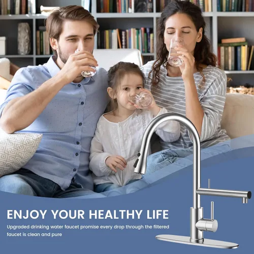 Miniatura 8 de FEELSO Grifos de cocina, grifo de cocina con filtro de agua mejorado con rociador desplegable, acero inoxidable níquel cepillado arco alto grifo