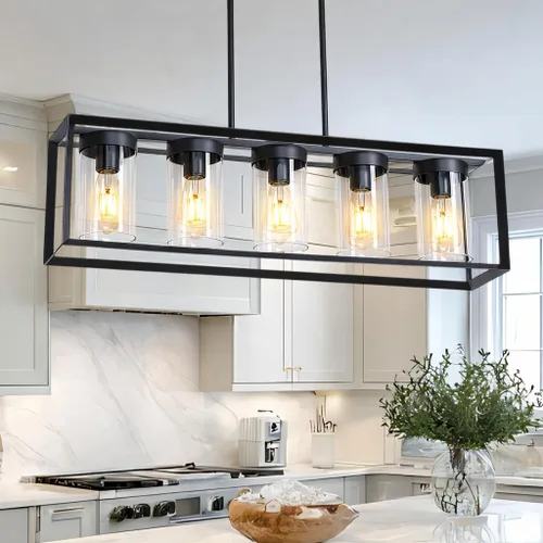Miniatura 12 de Paquete de 1 lámpara colgante de isla de cocina negra de granja, altura ajustable, barra de metal colgante moderna con jaula de metal, pantalla