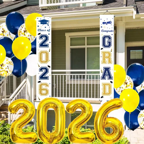 Miniatura 2 de Decoraciones de fiesta de graduación, azul marino, amarillo, decoraciones de graduación 2026, pancartas de clase de 2026, letrero de patio con texto