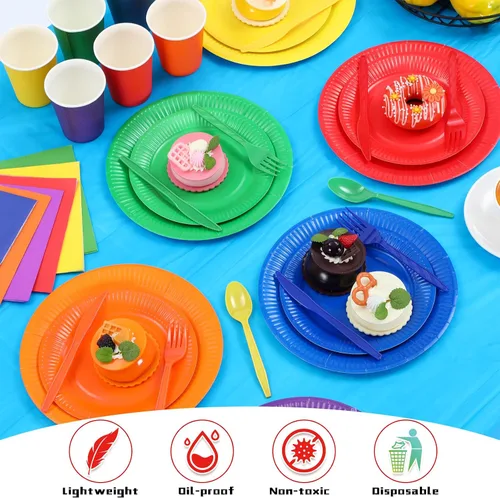 Miniatura 7 de Tegeme 258 piezas de suministros de fiesta arcoíris para 36 invitados, incluyen platos de papel coloridos, tazas, servilletas, tenedores