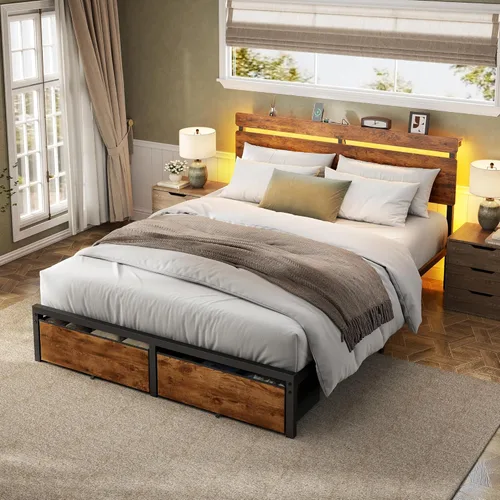 Miniatura 4 de Forestell Base de cama Queen con cabecera de madera, cama de plataforma de metal con 2 cajones de almacenamiento y estante, estación de carga Marrón