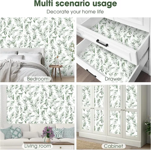 Miniatura 3 de Beautyhero Papel tapiz autoadhesivo para despegar y pegar de 17.7 x 590.5 pulgadas, papel de contacto floral con hojas de color verde oliva, papel