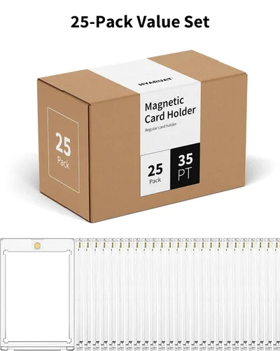 Miniatura 6 de Portatarjetas magnéticas de 35 puntos para tarjetas de intercambio - Estuches duros transparentes blancos de un solo toque, paquete de 25