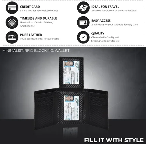 Miniatura 2 de Real Leather Trifold Wallet for Men - RFID Wallets Slim 9 Credit Card Holder 2 ID Compartment Gift For Men