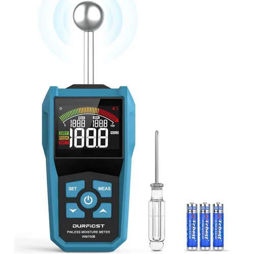 DURFICST - Medidor de humedad de madera, sin pines, con pantalla LCD a color y alarma audible, lector de humedad para todos los materiales de