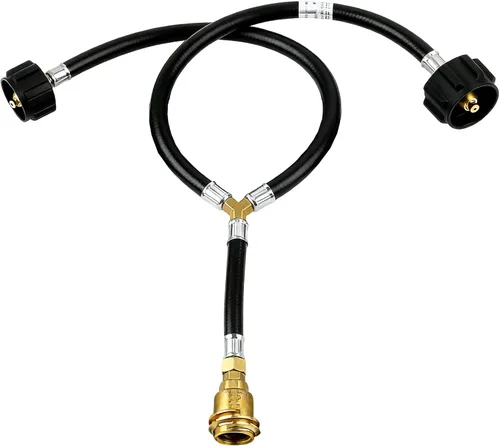 Adaptador de Manguera Divisor en Y de Propano - Tanque Doble de Dos Vías Entrada de Regulador QCC1 y Válvulas de Latón de Salida POL/QCC1 para