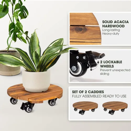 Miniatura 2 de Idzo Paquete de 2 cajas de madera de 12 pulgadas con ruedas resistentes, capacidad de 264 libras, plataforma de madera dura de acacia, soporte