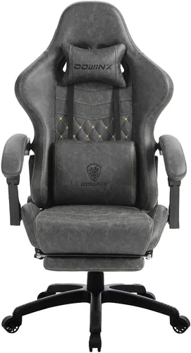 Miniatura 7 de Dowinx Silla de juegos grande y alta, silla de juego ergonómica para adultos con reposapiés y soporte lumbar de masaje, respaldo alto, silla de Negro