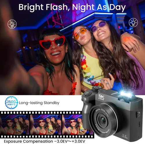 Miniatura 6 de LAMA Cámara digital 5K UHD 75MP para fotografía – Zoom 18X, enfoque automático, 32 GB, cámara de vlogging WiFi anti-vibración con luz de relleno