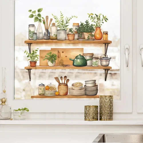 Miniatura 5 de Calcomanías de pared para estante de utensilios de cocina, diseño de plantas verdes en maceta, vinilo extraíble para cocina, comedor, restaurante