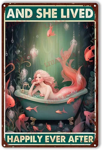 Miniatura 13 de LIUAXICIA Letrero de lata retro con diseño de sirena y ella vivió feliz para siempre, para decoración del hogar, 8 x 12 pulgadas, pintura de lata
