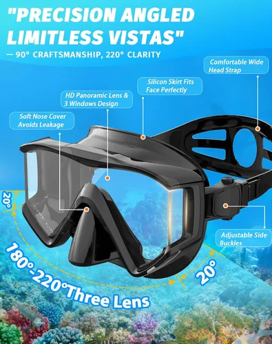 Miniatura 2 de Greatever Juego de esnórquel Pano de 3 ventanas para adultos, vista panorámica amplia, máscara de buceo antivaho, antifugas, gafas de esnórquel