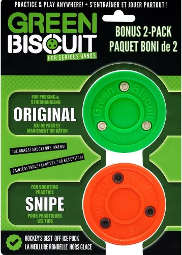 Green Biscuit Disco de hockey sobre hielo 2-Pack, Original, Disco de hockey fuera del hielo/Snipe, Mejor manejo del palo, pases y tiros para hockey