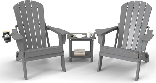 Juego de sillas plegables Adirondack de 3 piezas, respaldo extra alto de 38 pulgadas y grano de madera en relieve, muebles de patio de polietileno