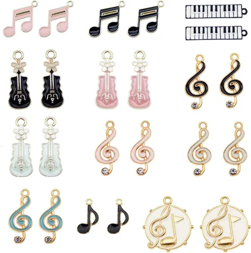 Julie Wang 36 unids esmalte notas musicales instrumentos encantos para hacer joyas al por mayor lote a granel piano violín símbolos musicales