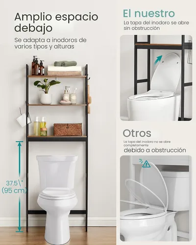 Miniatura 6 de SONGMICS Almacenamiento sobre el inodoro, organizador de baño de 3 niveles sobre el inodoro con estantes ajustables, ganchos, bambú, estantes