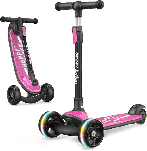 Miniatura 16 de Besrey - Patinete para niños de 3 a 10 años, patinete plegable de 3 ruedas con altura ajustable, ruedas con luz LED, plataforma extra ancha