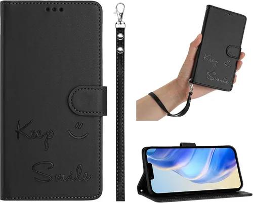 Miniatura 2 de Flip Wallet Case for Motorola Moto E32 4G (Int'l), Keep Smile Embossed Leather Cover with Card Slots, RFID Blocking, Kickstand, Wrist Strap Black.