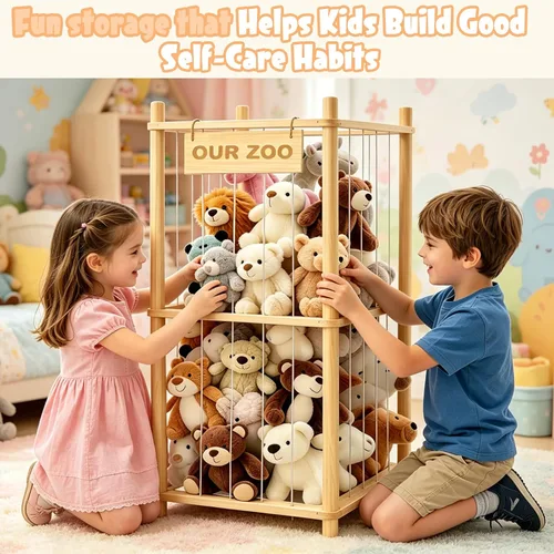 Miniatura 7 de Almacenamiento de animales de peluche, almacenamiento de zoológico de animales de peluche de madera, organizador de juguetes de ahorro de espacio