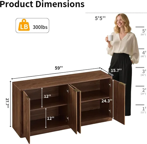 Miniatura 3 de Aparador de buffet acanalado de 59 pulgadas con almacenamiento, credenza grande con 4 puertas, armarios de almacenamiento decorativos de mediados