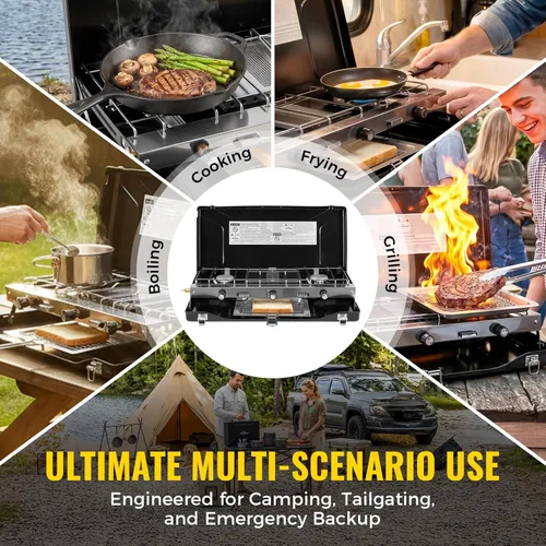 Miniatura 6 de FineFlame Estufa de campamento, 3 quemadores de propano portátil con regulador, encendido instantáneo con botón, quemadores ajustables y protectores