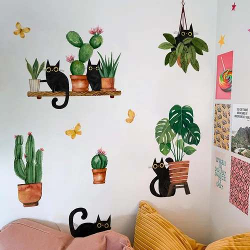 Miniatura 6 de Yovkky Calcomanías de pared de plantas en maceta de gatos negros, caricaturas, gatito, bonsái, guardería, sala de juegos, decoración de cactus