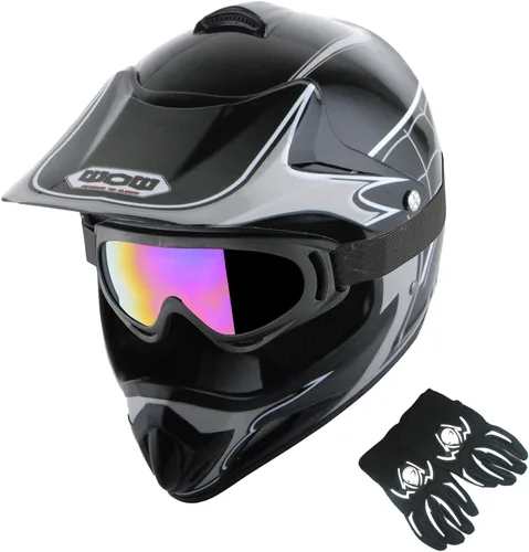 WOW Casco de motocross BMX MX ATV para niños y jóvenes, casco Dianosour Dragon + gafas + guante marciano juvenil: paquete HJOY MG