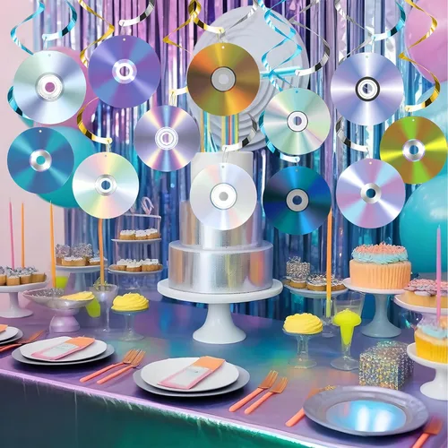 Miniatura 5 de 24 espirales colgantes de fiesta de los años 90, decoración retro de CD con temática de música, serpentinas de techo para fiestas de cumpleaños