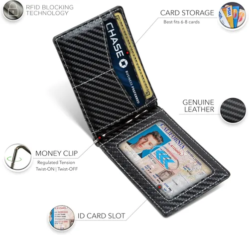 Miniatura 54 de Serman Brand RFID billetera de bloqueo Slim Bifold – cuero genuino minimalista bolsillo frontal carteras para hombres con clip para dinero, cartera