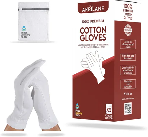 XS Extra Small 10 pares de guantes de algodón 100% premium para manos secas | Guantes hidratantes nocturnos para eczema, psoriasis y tratamiento de