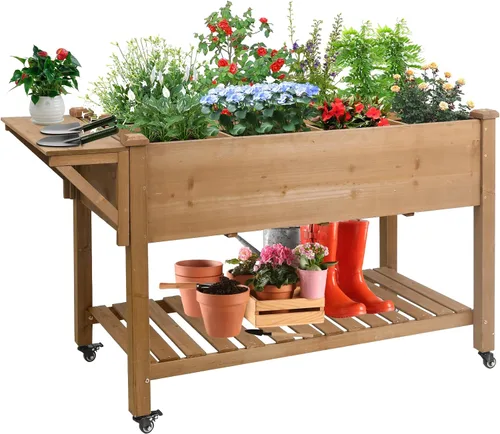 Gowoodhut Cama de jardín elevada, maceta de jardín de hierbas al aire libre con ruedas bloqueables, estante de almacenamiento, forro protector, para