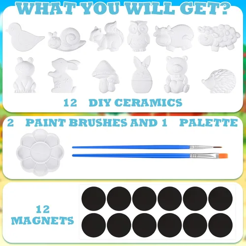 Miniatura 2 de Sinmoe 12 juegos de kit de arte y manualidades, kit de pintura de cerámica sin pintar DIY, pinta tus propias figuras con 12 imanes, 2 pinceles y 1